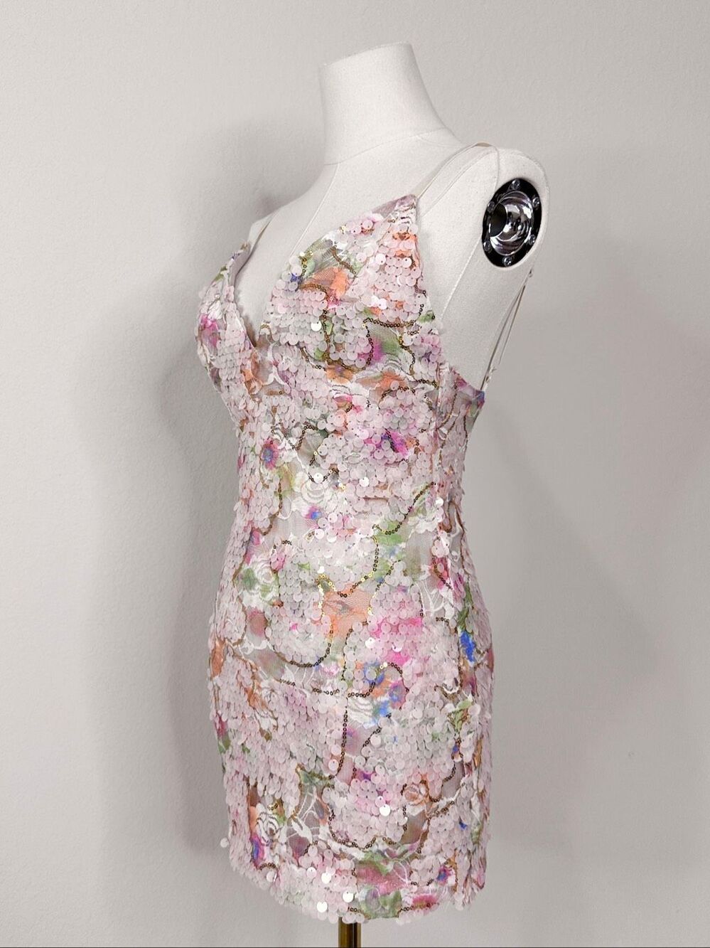 Bella Barnett Floral Sequin Bodycon Mini Dress XS Blush Cocktail Party Date HoCo - Picture 10 of 16